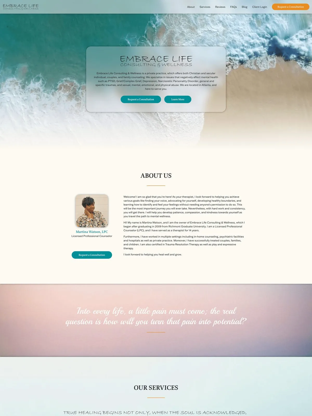 Homepage of the Embrace Life Consulting & Wellness website