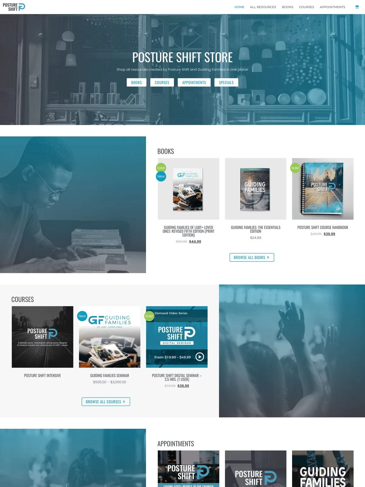 Homepage of the Posture Shift Store website