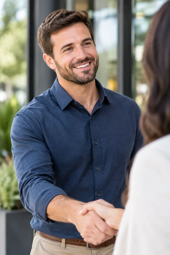 Two professionals shaking hands and smiling during a first meeting.